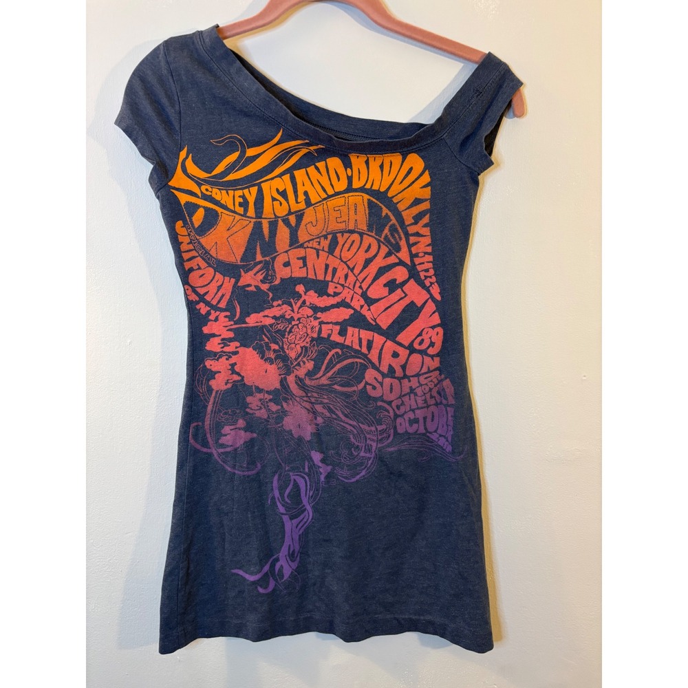 VTG DKNY New York City Graphic Tee Shirt XS Tunic One Shoulder Y2K